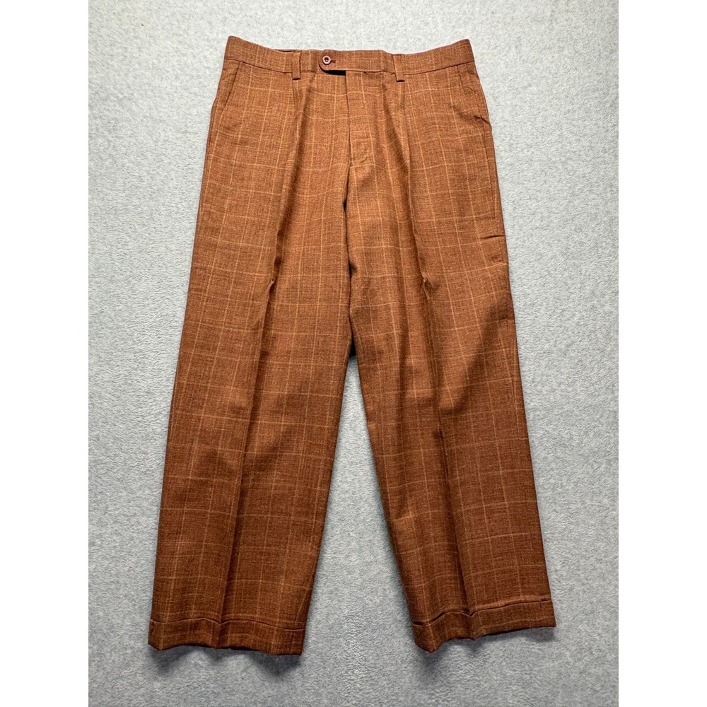 Inserch Icon Mens 38 Pure Wool Pleated Cuffed Dress Pants Rust Orange Plaid P05